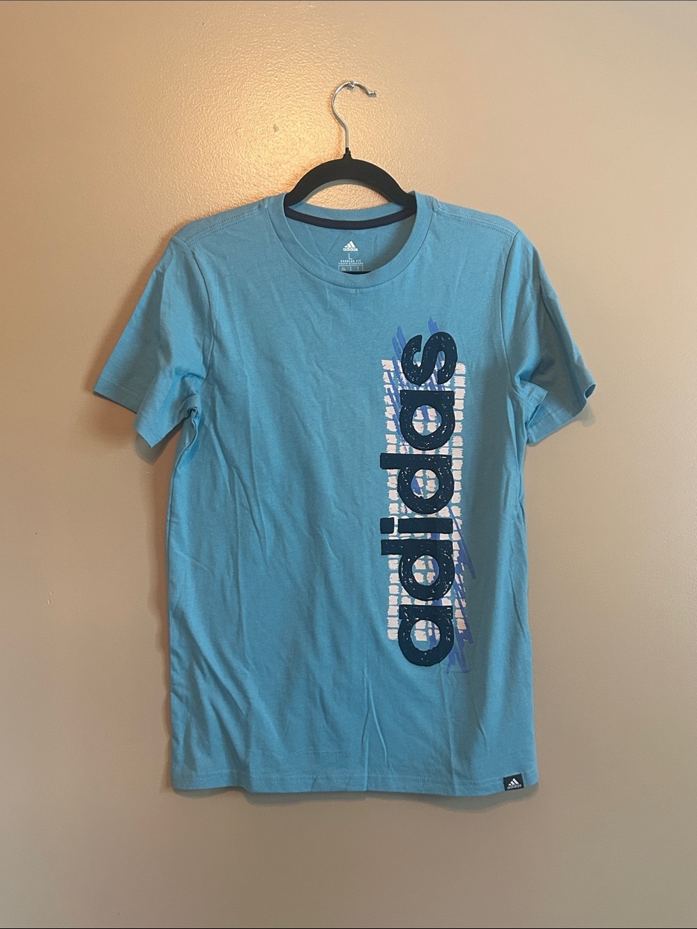 Adidas Light Blue Graphic Vertical Logo Tee - Large (14/16)